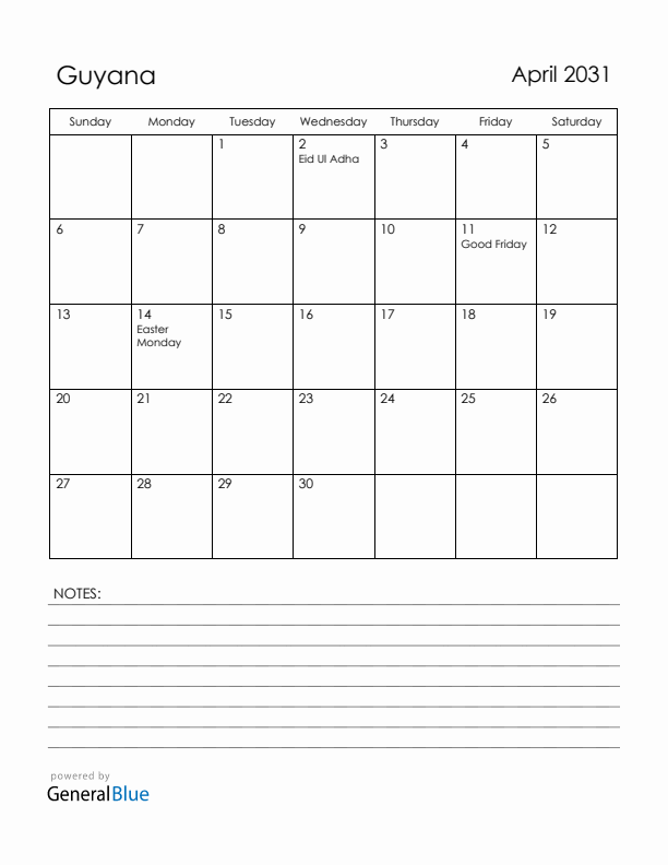 April 2031 Guyana Calendar with Holidays (Sunday Start)
