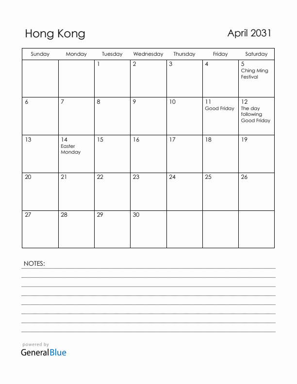 April 2031 Hong Kong Calendar with Holidays (Sunday Start)