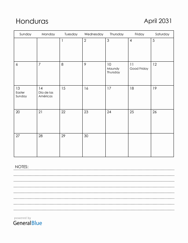 April 2031 Honduras Calendar with Holidays (Sunday Start)