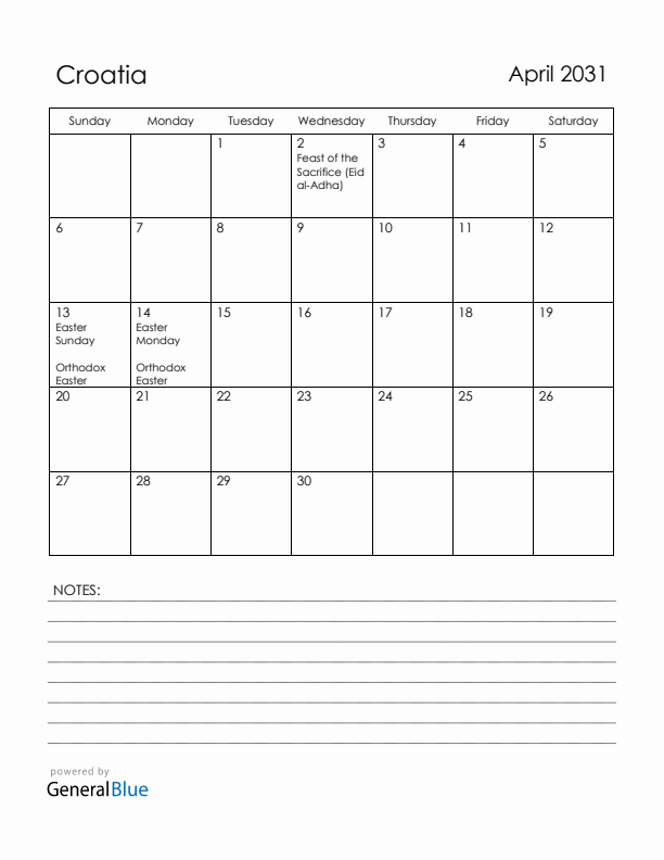 April 2031 Croatia Calendar with Holidays (Sunday Start)
