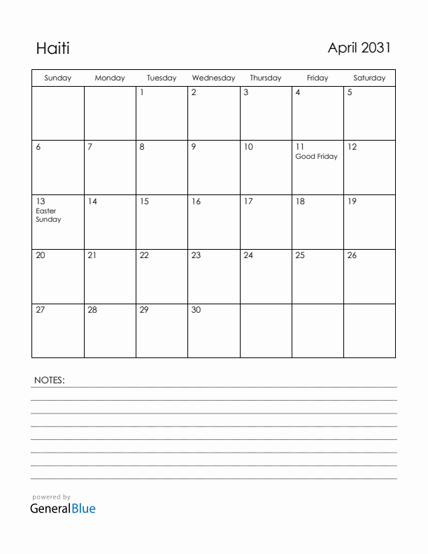 April 2031 Haiti Calendar with Holidays (Sunday Start)