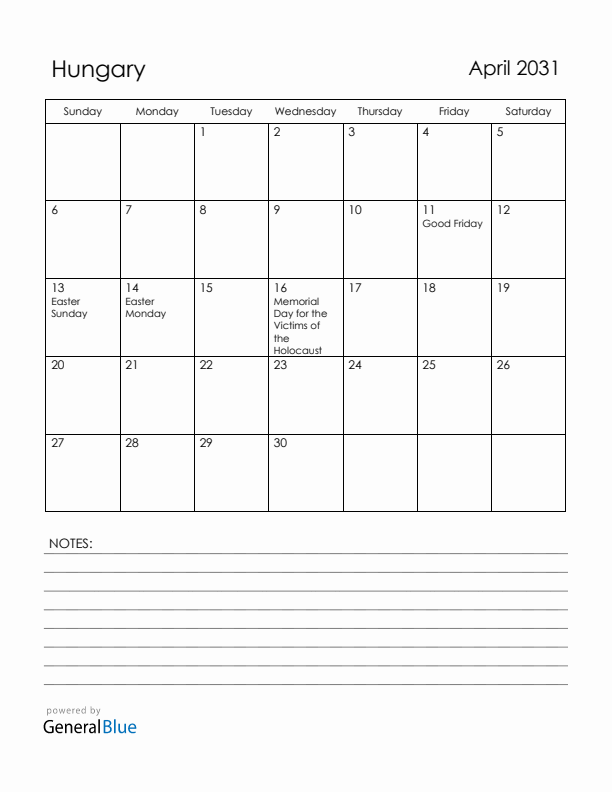 April 2031 Hungary Calendar with Holidays (Sunday Start)
