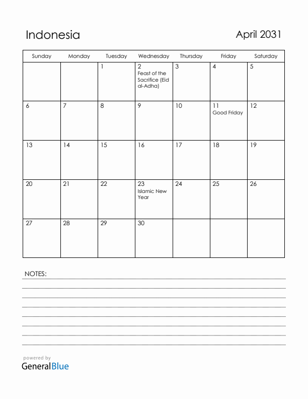 April 2031 Indonesia Calendar with Holidays (Sunday Start)