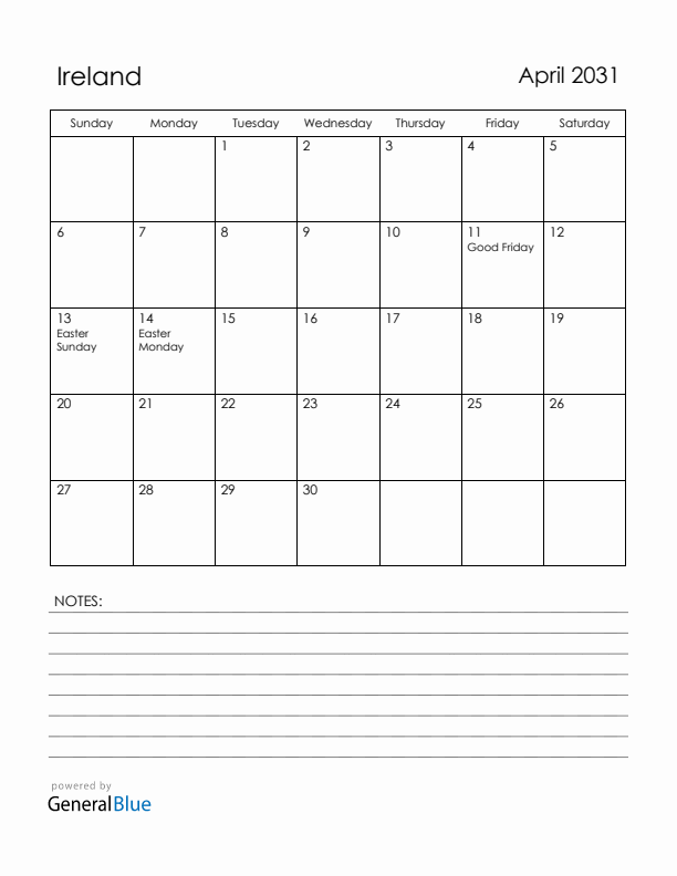April 2031 Ireland Calendar with Holidays (Sunday Start)