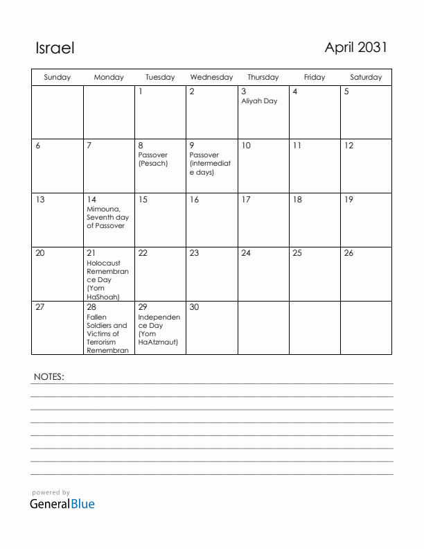 April 2031 Israel Calendar with Holidays (Sunday Start)