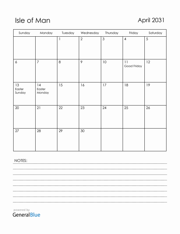 April 2031 Isle of Man Calendar with Holidays (Sunday Start)