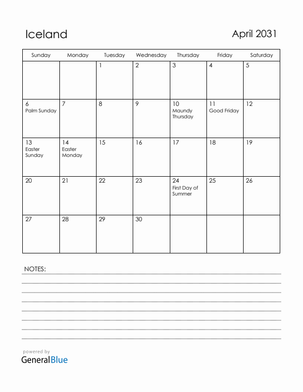 April 2031 Iceland Calendar with Holidays (Sunday Start)