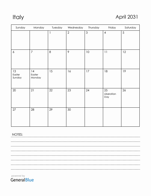 April 2031 Italy Calendar with Holidays (Sunday Start)