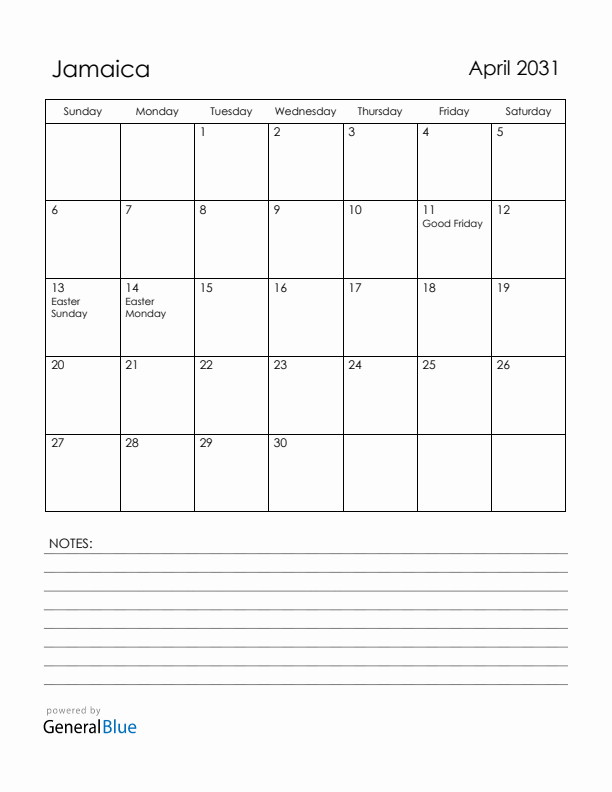 April 2031 Jamaica Calendar with Holidays (Sunday Start)