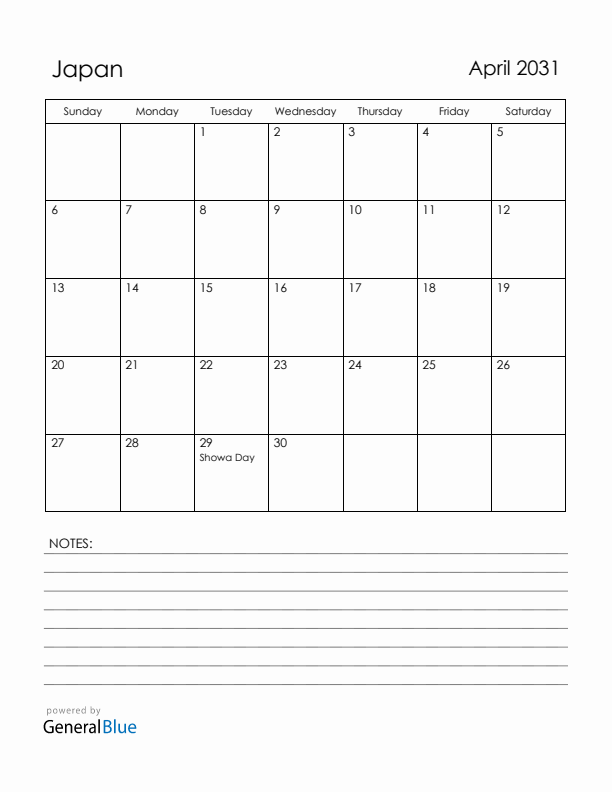 April 2031 Japan Calendar with Holidays (Sunday Start)