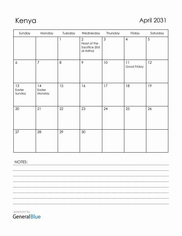 April 2031 Kenya Calendar with Holidays (Sunday Start)