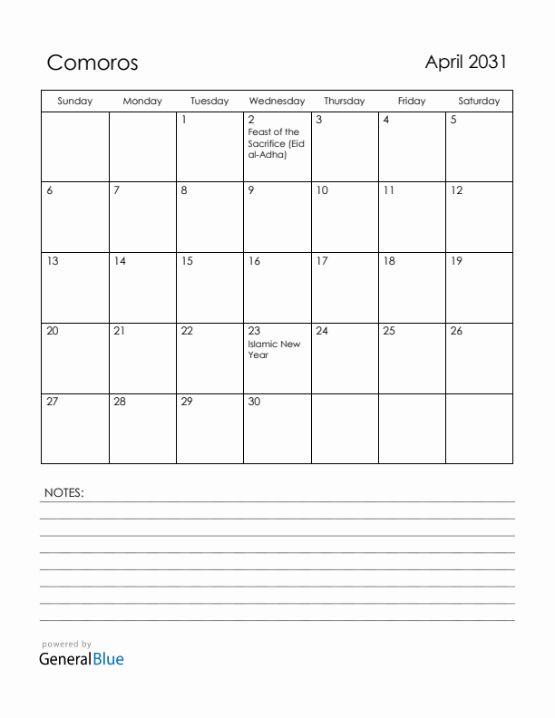 April 2031 Comoros Calendar with Holidays (Sunday Start)