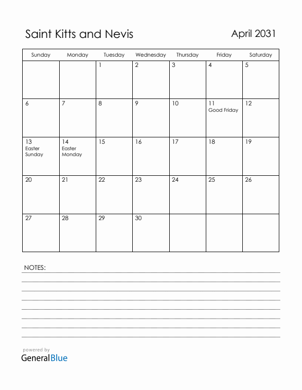 April 2031 Saint Kitts and Nevis Calendar with Holidays (Sunday Start)