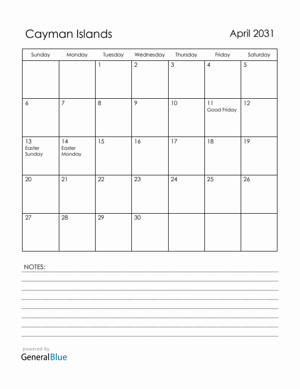 April 2031 Cayman Islands Calendar with Holidays (Sunday Start)