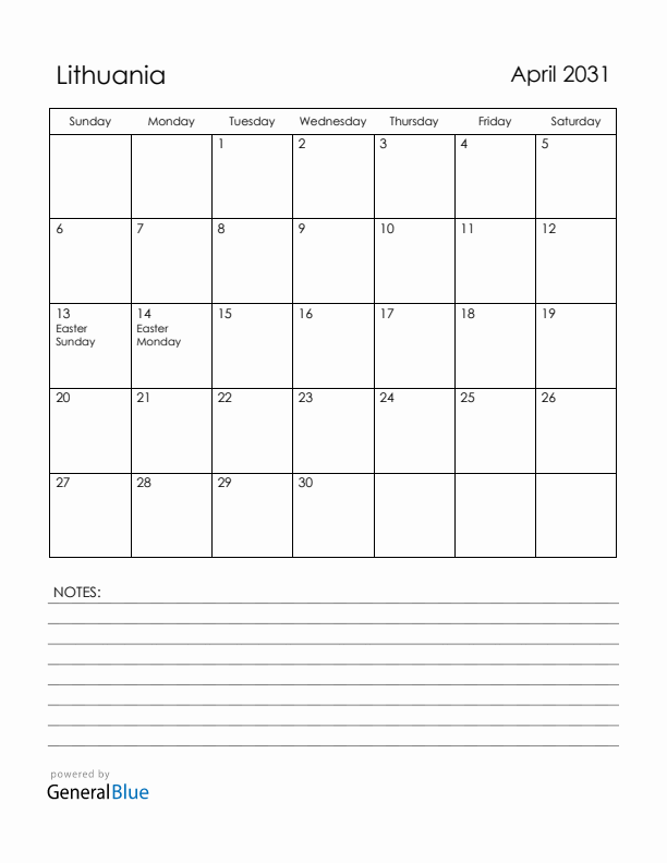 April 2031 Lithuania Calendar with Holidays (Sunday Start)