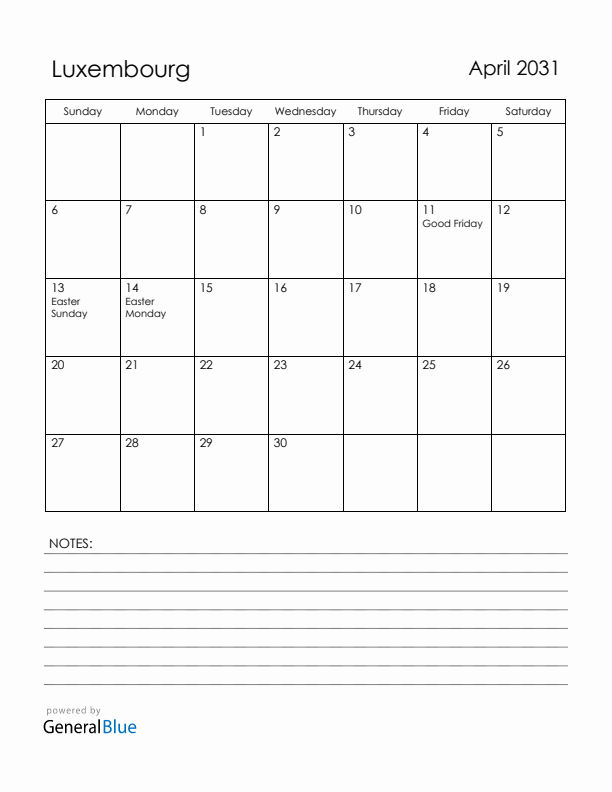 April 2031 Luxembourg Calendar with Holidays (Sunday Start)