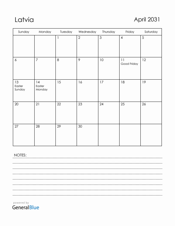 April 2031 Latvia Calendar with Holidays (Sunday Start)
