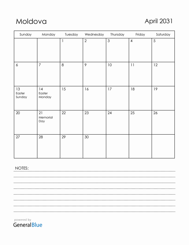 April 2031 Moldova Calendar with Holidays (Sunday Start)