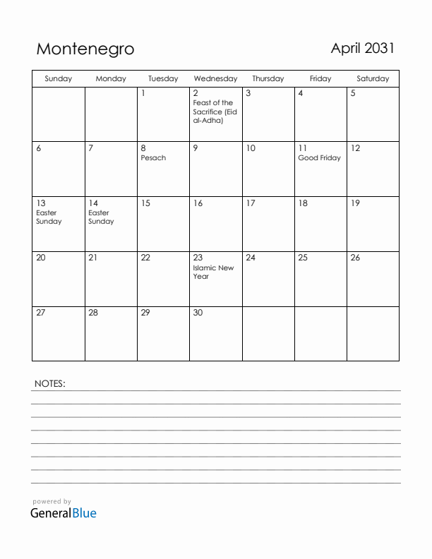 April 2031 Montenegro Calendar with Holidays (Sunday Start)