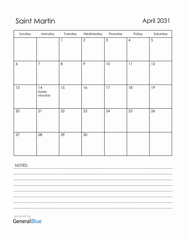 April 2031 Saint Martin Calendar with Holidays (Sunday Start)
