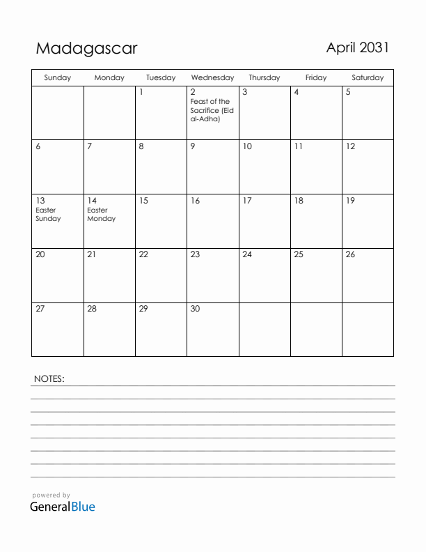 April 2031 Madagascar Calendar with Holidays (Sunday Start)