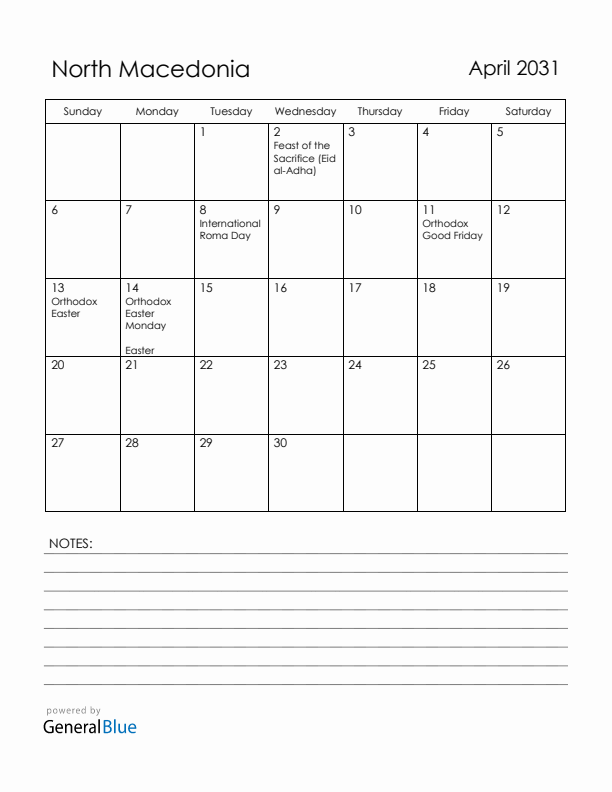 April 2031 North Macedonia Calendar with Holidays (Sunday Start)