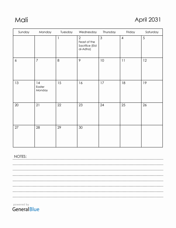 April 2031 Mali Calendar with Holidays (Sunday Start)