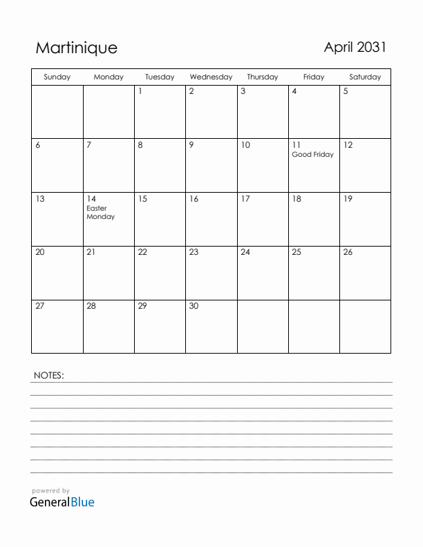 April 2031 Martinique Calendar with Holidays (Sunday Start)