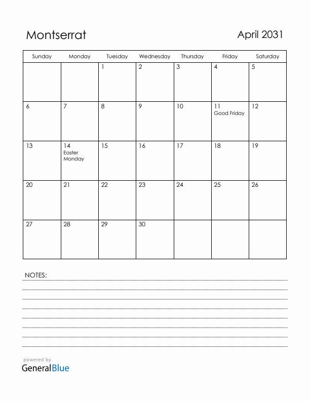 April 2031 Montserrat Calendar with Holidays (Sunday Start)