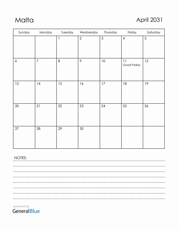 April 2031 Malta Calendar with Holidays (Sunday Start)