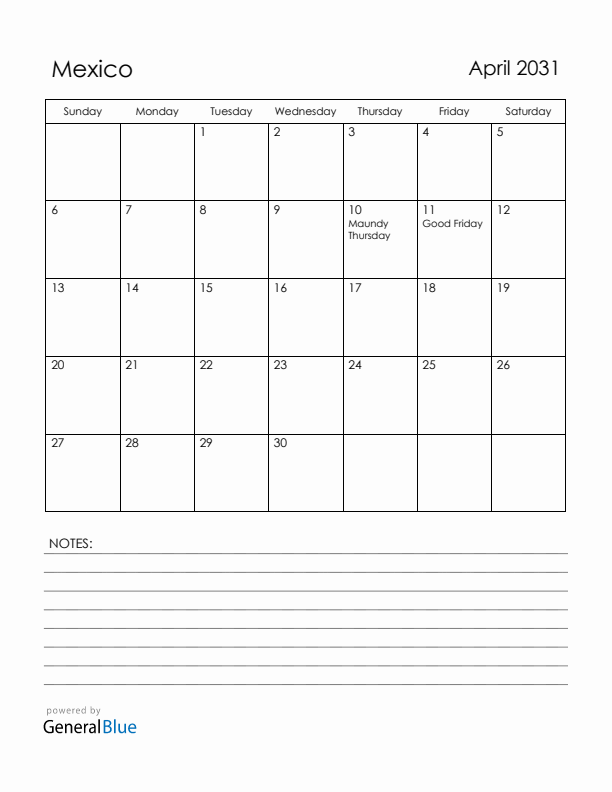 April 2031 Mexico Calendar with Holidays (Sunday Start)