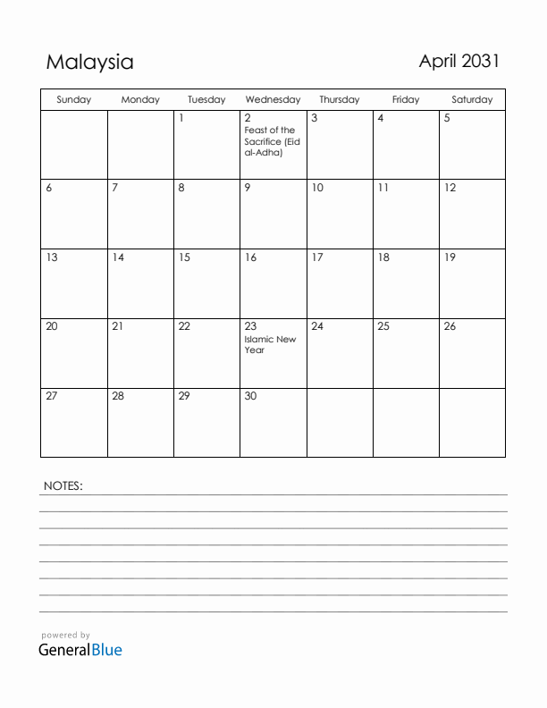 April 2031 Malaysia Calendar with Holidays (Sunday Start)