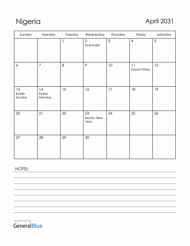 April 2031 Nigeria Calendar with Holidays (Sunday Start)