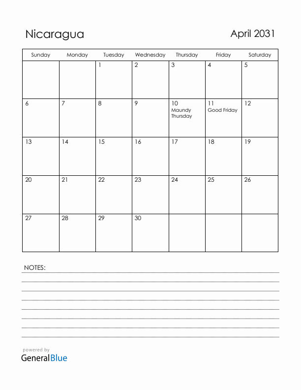 April 2031 Nicaragua Calendar with Holidays (Sunday Start)