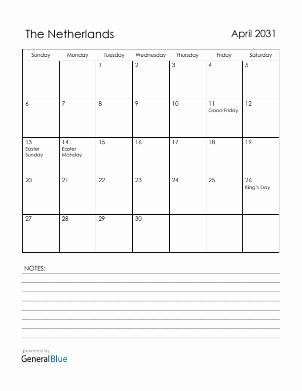 April 2031 The Netherlands Calendar with Holidays (Sunday Start)