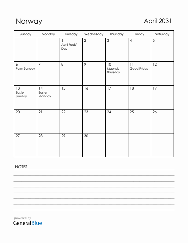April 2031 Norway Calendar with Holidays (Sunday Start)
