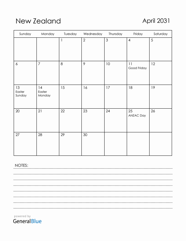 April 2031 New Zealand Calendar with Holidays (Sunday Start)