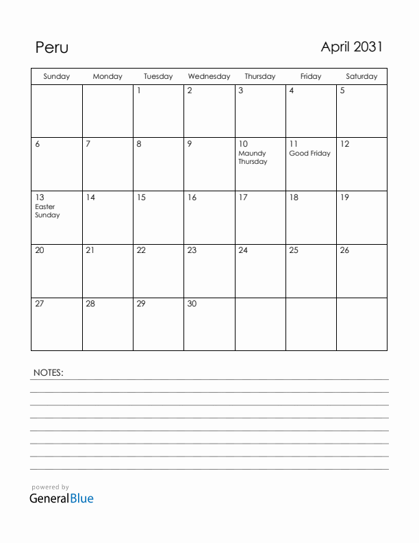 April 2031 Peru Calendar with Holidays (Sunday Start)