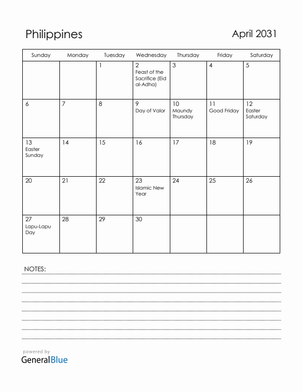 April 2031 Philippines Calendar with Holidays (Sunday Start)