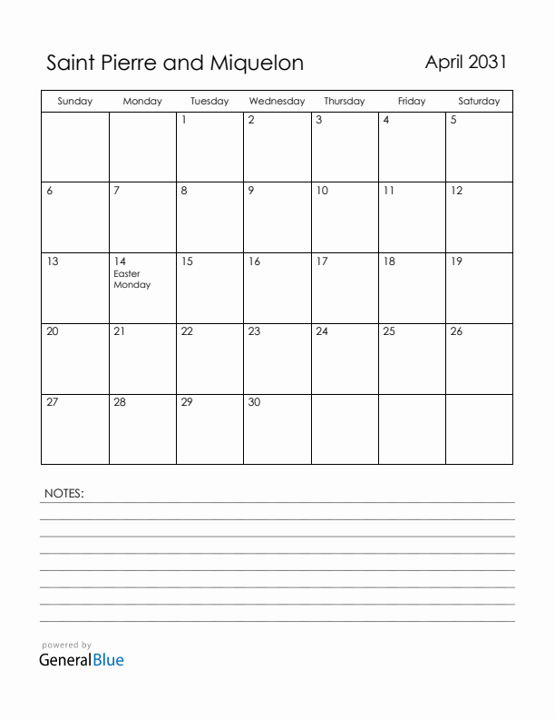 April 2031 Saint Pierre and Miquelon Calendar with Holidays (Sunday Start)