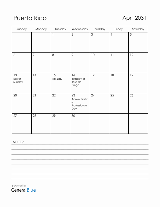 April 2031 Puerto Rico Calendar with Holidays (Sunday Start)