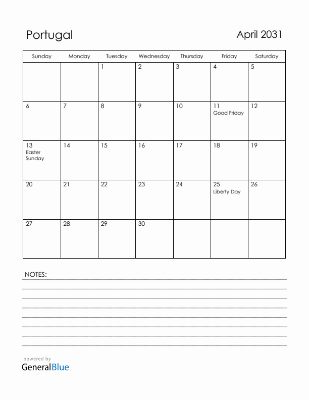April 2031 Portugal Calendar with Holidays (Sunday Start)