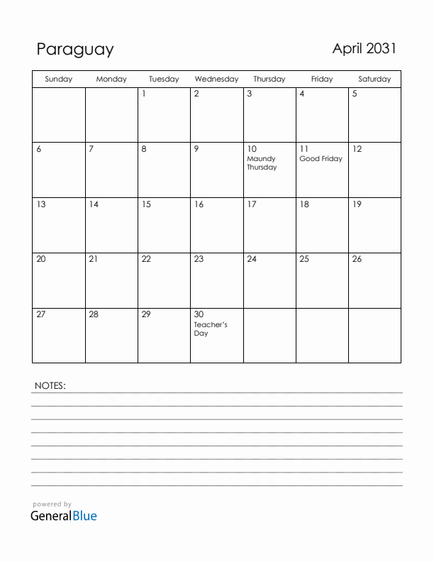 April 2031 Paraguay Calendar with Holidays (Sunday Start)