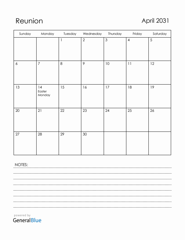 April 2031 Reunion Calendar with Holidays (Sunday Start)