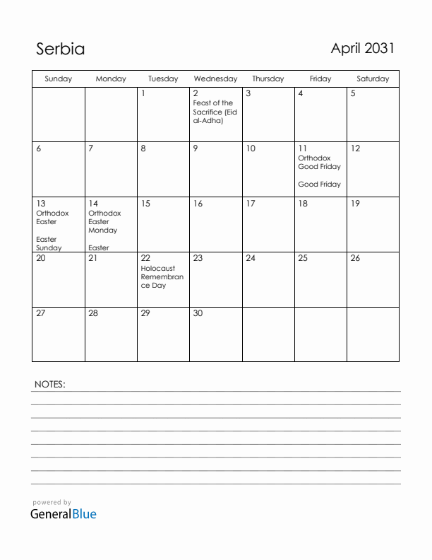 April 2031 Serbia Calendar with Holidays (Sunday Start)