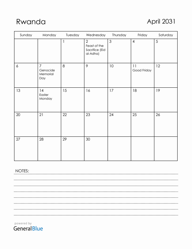 April 2031 Rwanda Calendar with Holidays (Sunday Start)