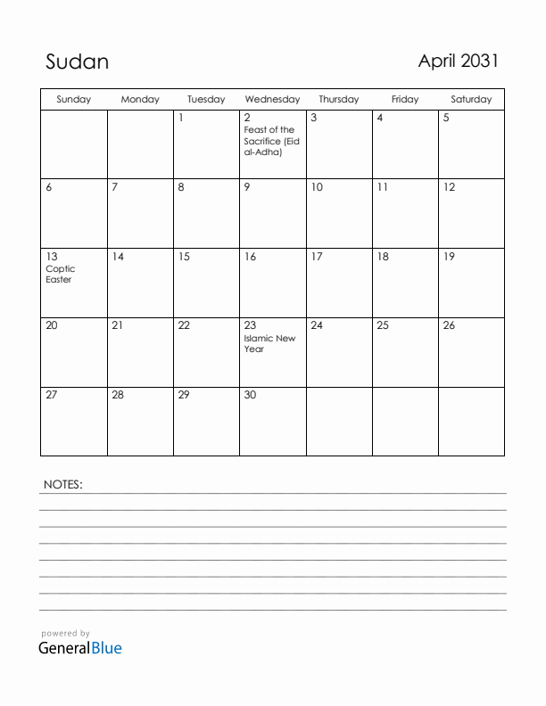 April 2031 Sudan Calendar with Holidays (Sunday Start)