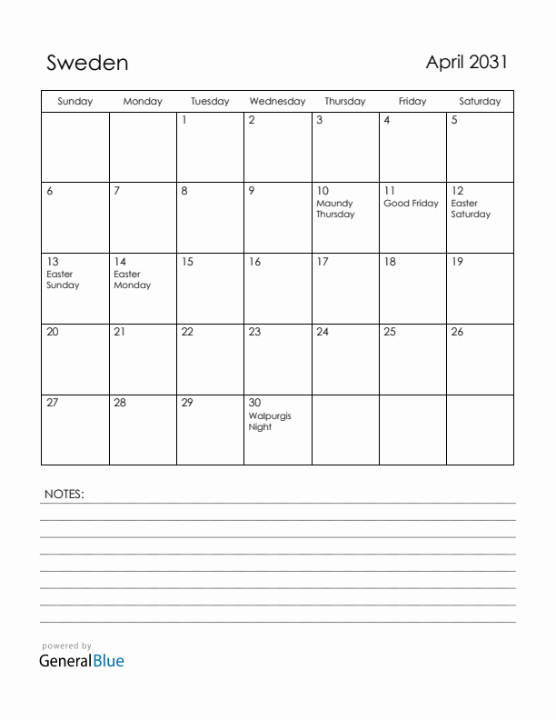 April 2031 Sweden Calendar with Holidays (Sunday Start)