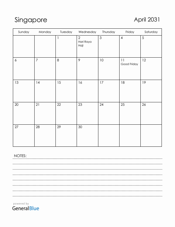 April 2031 Singapore Calendar with Holidays (Sunday Start)