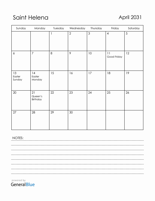 April 2031 Saint Helena Calendar with Holidays (Sunday Start)